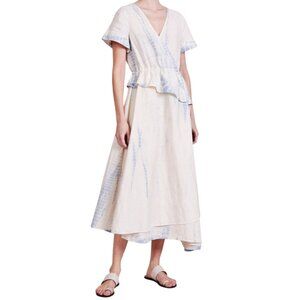 Apiece Apart Cabo Wrap Dress Womens XS Cream Blue V-Neck Midi  Short Sleeve Tie